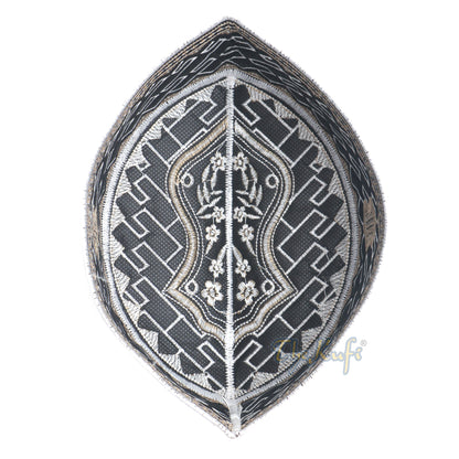 Textured White and Light Brown Embroidered Sandal Kufi Hat
