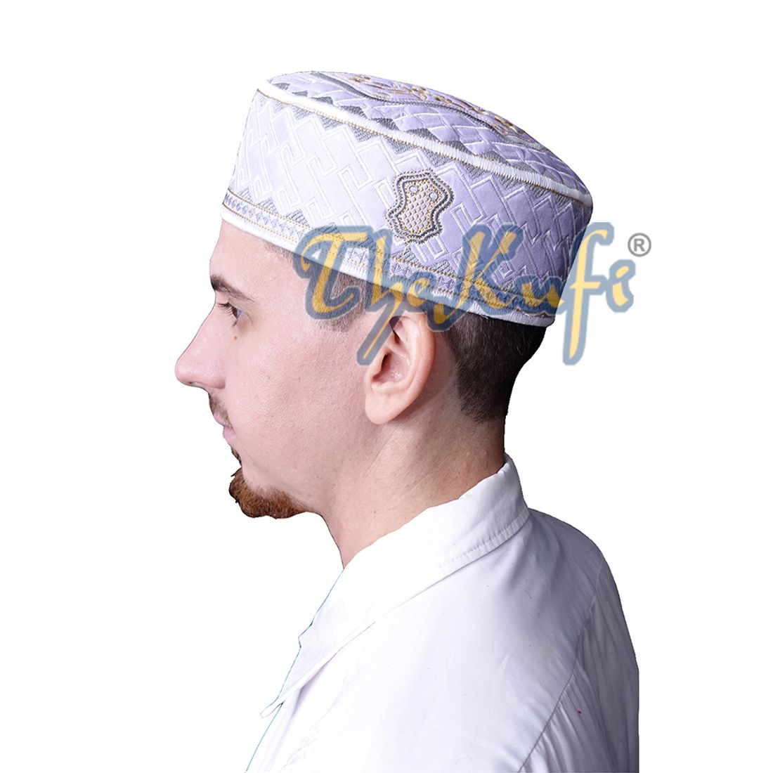 Prophet Muhammad Sandal Design Kufi Textured White Gray and Golden Ivory Embroidery