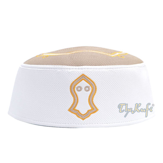 Nalain Sandal Kufi Crown Rigid Light Brown White Golden Embroidery Muslim Hat