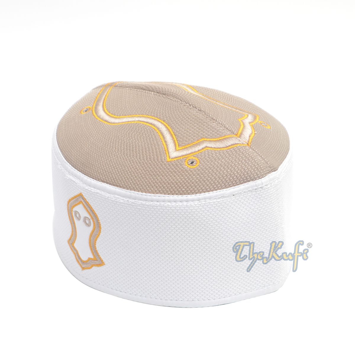 Nalain Sandal Kufi Crown Rigid Light Brown White Golden Embroidery Muslim Hat