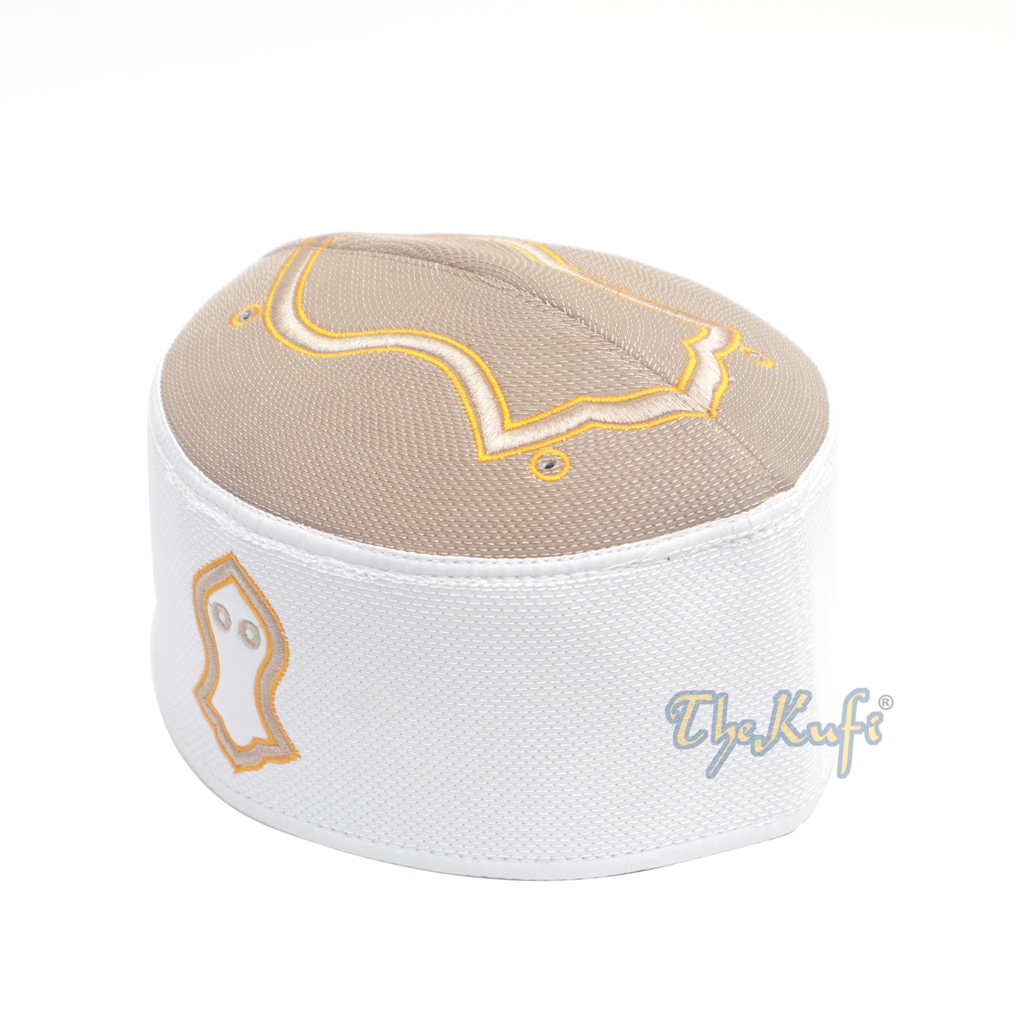 Nalain Sandal Kufi Crown Rigid Light Brown White Golden Embroidery Muslim Hat