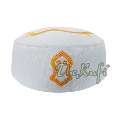 Rigid White Golden Embroidered Sandal Kufi Crown