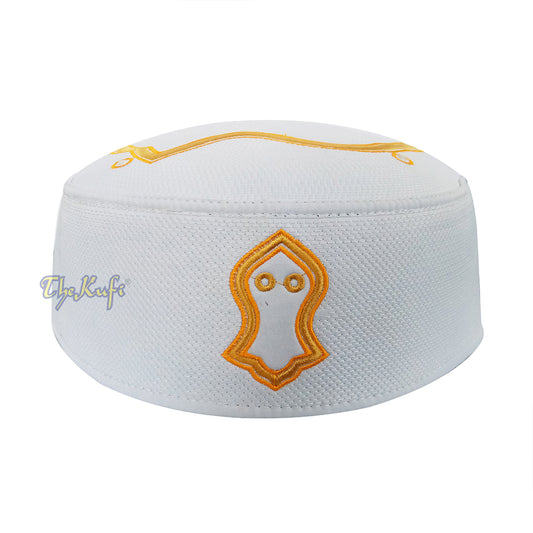 Rigid White Golden Embroidered Sandal Kufi Crown