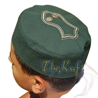 Dark Green Semi-Stiff Nalain Shareef Sandal Embroidered Kufi Hat