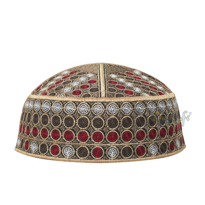 Khaki Green Maroon Embroidered Circle Design Semi-Rigid Pakistani Style Topi Kufi