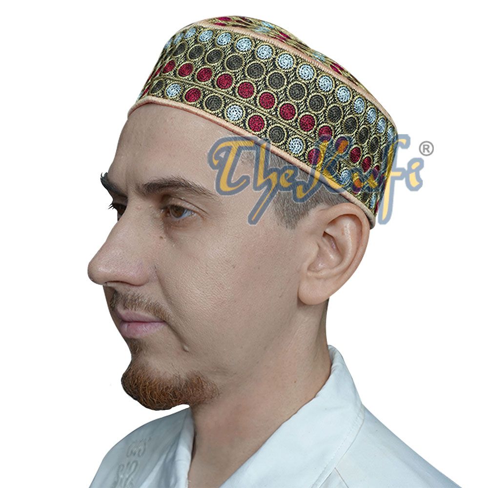 Khaki Green Maroon Embroidered Circle Design Semi-Rigid Pakistani Style Topi Kufi