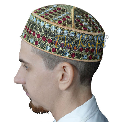 Khaki Green Maroon Embroidered Circle Design Semi-Rigid Pakistani Style Topi Kufi