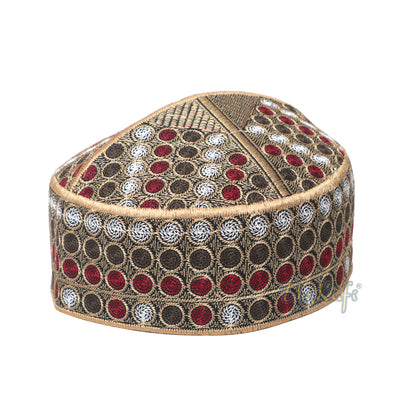 Rekaan Bulatan Bersulam Khaki Hijau Maroon Semi-tegar Gaya Pakistan Topi Kufi