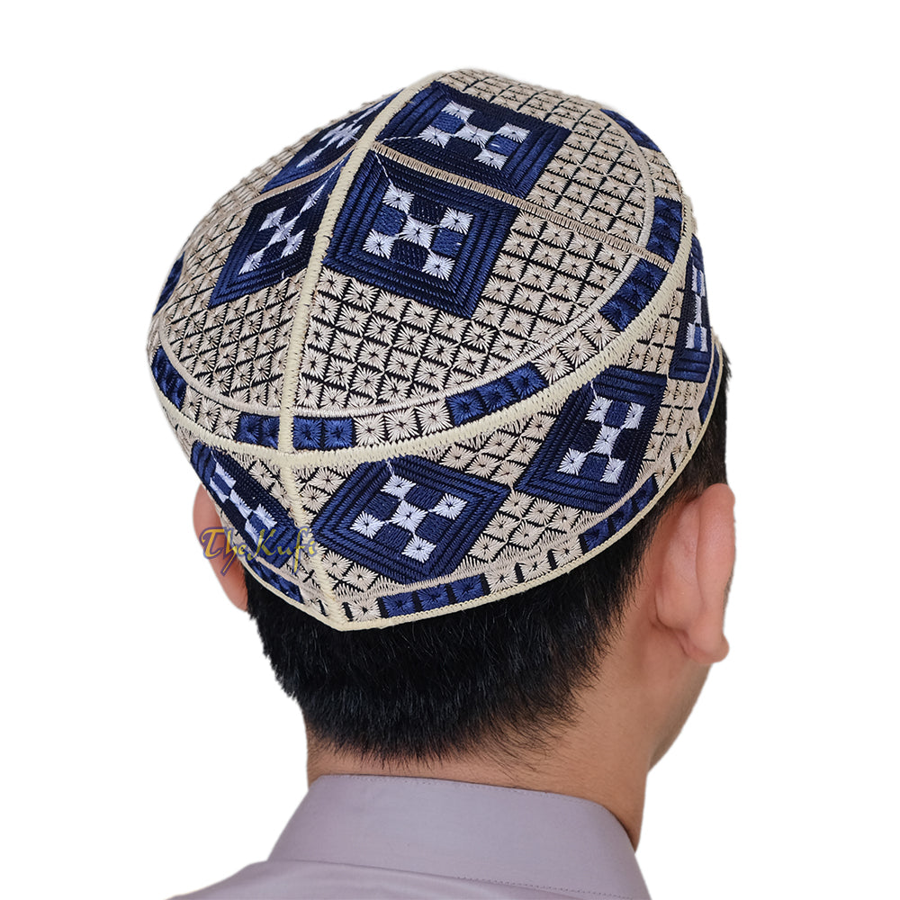 Cream with Dark Blue Diamond Intricately Embroidered Design Pakistan Kufi