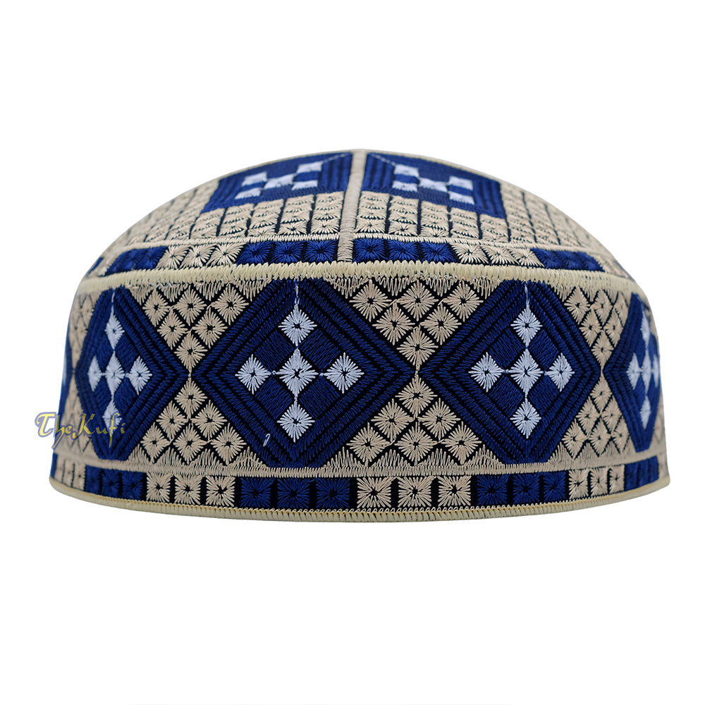 Cream with Dark Blue Diamond Intricately Embroidered Design Pakistan Kufi