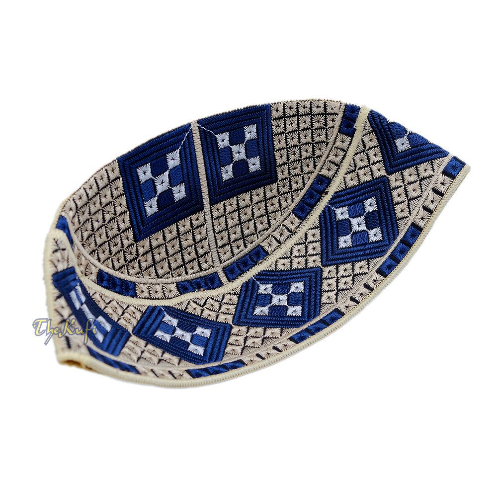 Cream with Dark Blue Diamond Intricately Embroidered Design Pakistan Kufi