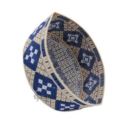 Cream with Dark Blue Diamond Intricately Embroidered Design Pakistan Kufi