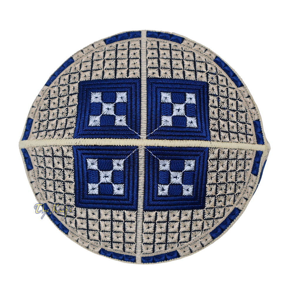 Cream with Dark Blue Diamond Intricately Embroidered Design Pakistan Kufi