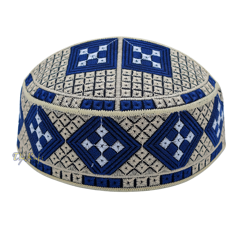 Cream with Dark Blue Diamond Intricately Embroidered Design Pakistan Kufi