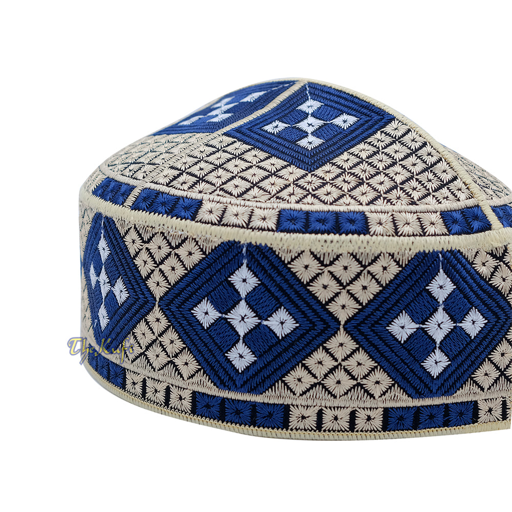 Cream with Dark Blue Diamond Intricately Embroidered Design Pakistan Kufi