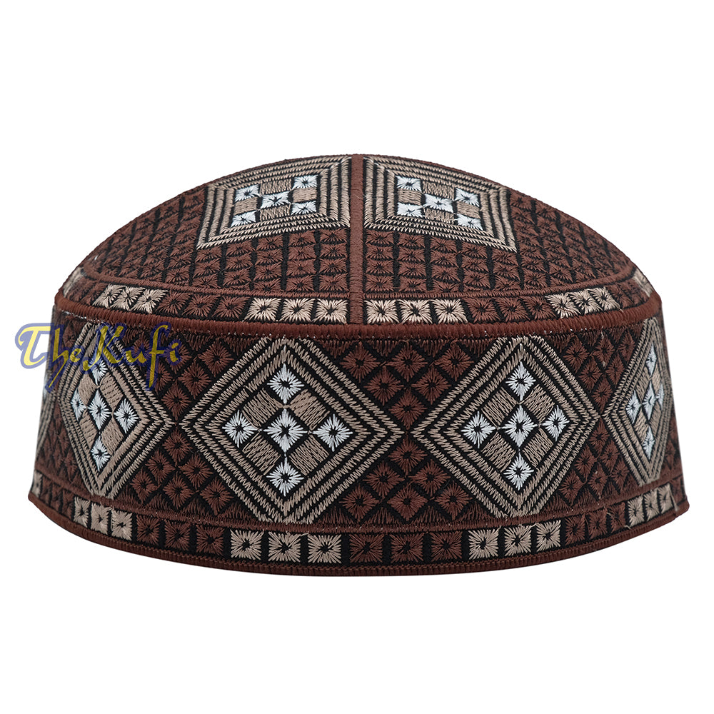 Dark Brown Light Brown White Diamond Intricately Embroidered Design Pakistan Kufi