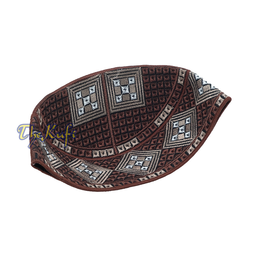 Dark Brown Light Brown White Diamond Intricately Embroidered Design Pakistan Kufi