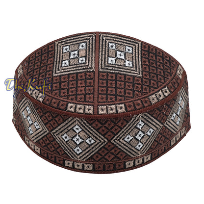 Dark Brown Light Brown White Diamond Intricately Embroidered Design Pakistan Kufi