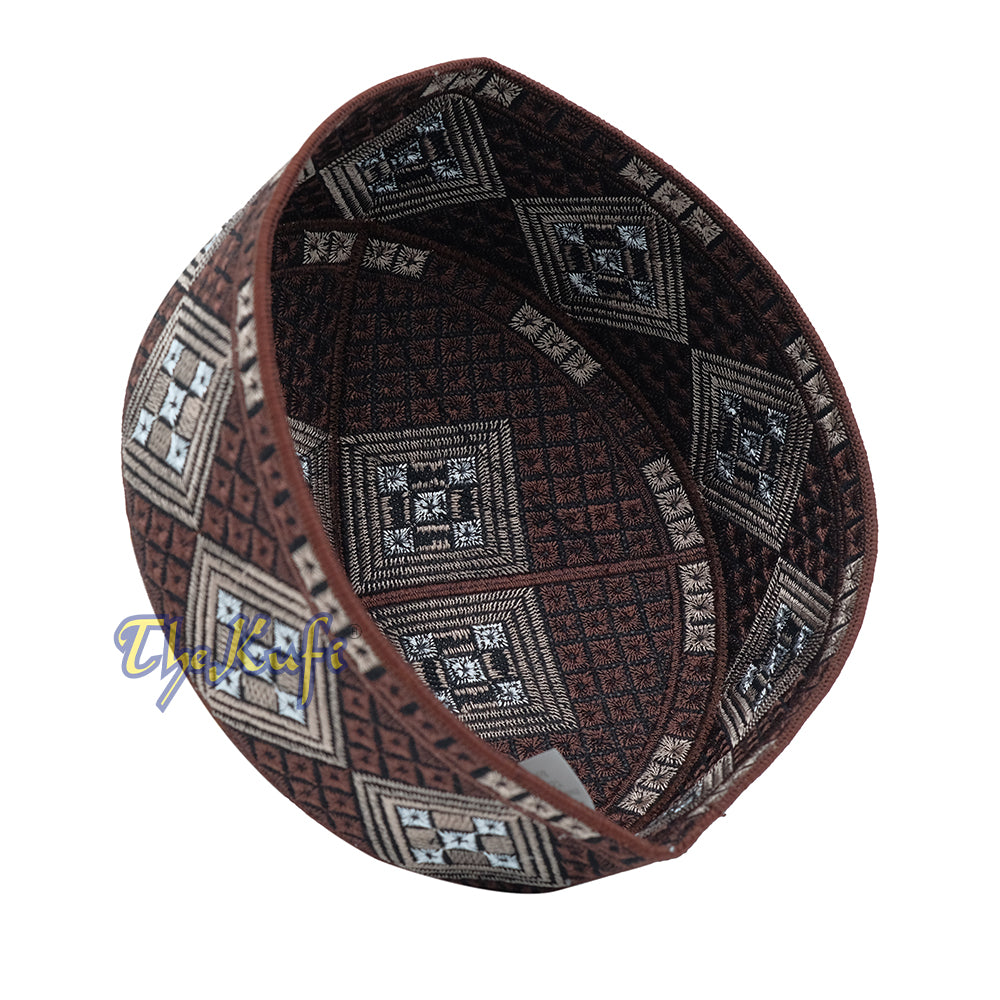 Dark Brown Light Brown White Diamond Intricately Embroidered Design Pakistan Kufi