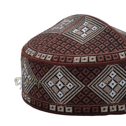 Dark Brown Light Brown White Diamond Intricately Embroidered Design Pakistan Kufi