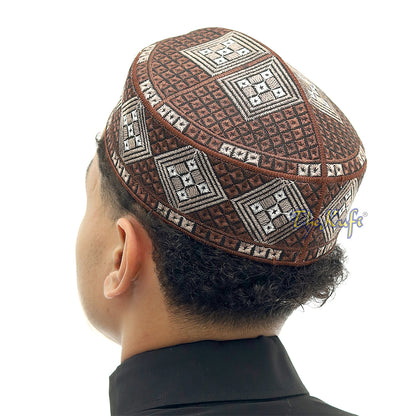 Dark Brown Light Brown White Diamond Intricately Embroidered Design Pakistan Kufi