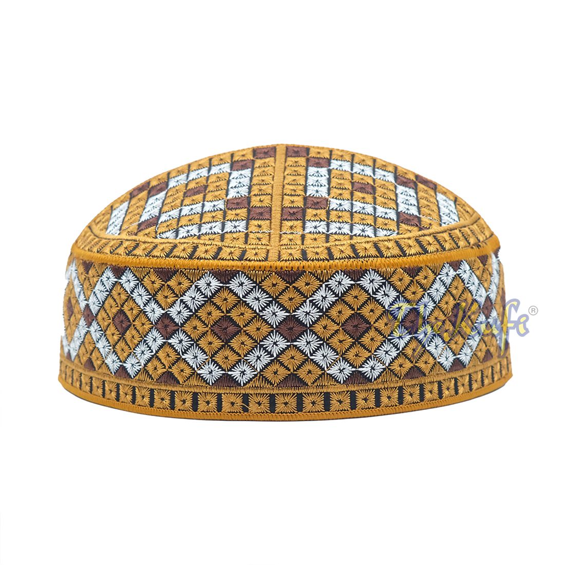 Pakistani Muslim Kufi Hats White Black Gold-tone Embroidery Diamond Motif Rigid Round Islamic Prayer Cap Topi Tupi