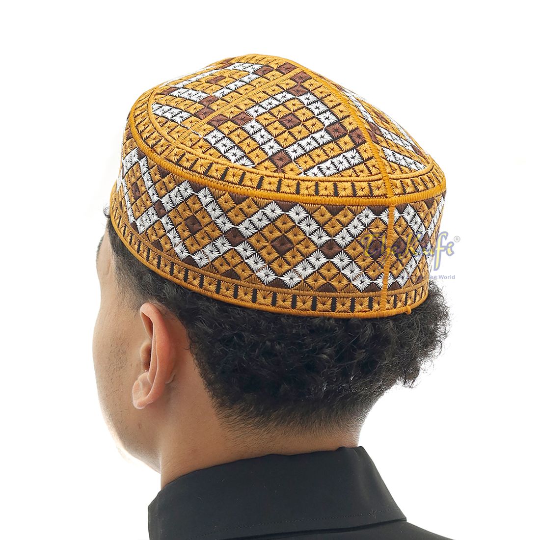 Pakistani Muslim Kufi Hats White Black Gold-tone Embroidery Diamond Motif Rigid Round Islamic Prayer Cap Topi Tupi