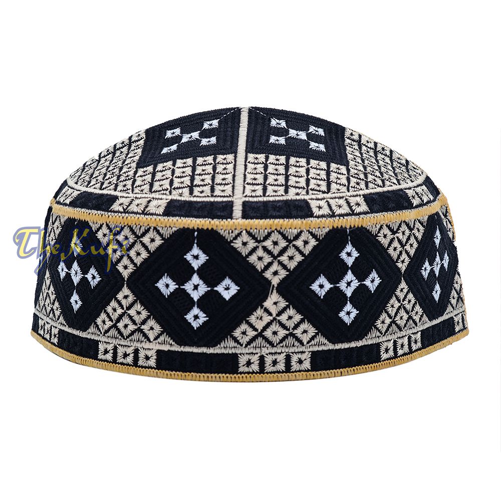 Black Beige White Diamond Intricately Embroidered Design Pakistan Kufi