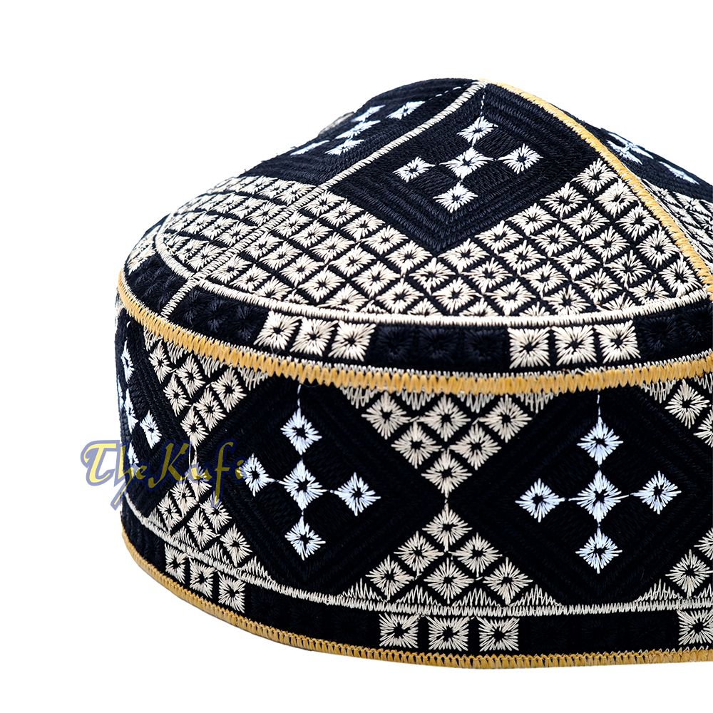 Black Beige White Diamond Intricately Embroidered Design Pakistan Kufi