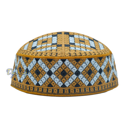 Rust Brown, Silver, Black Diamond Intricately Embroidered Rigid Round Pakistani-Style Kufi Hat