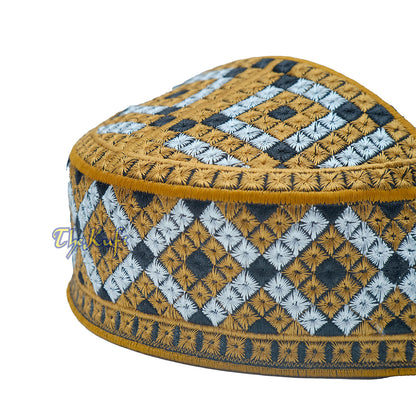 Rust Brown, Silver, Black Diamond Intricately Embroidered Rigid Round Pakistani-Style Kufi Hat