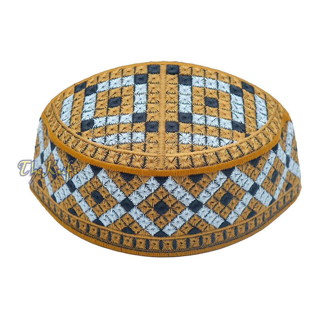 Rust Brown, Silver, Black Diamond Intricately Embroidered Rigid Round Pakistani-style Kufi Hat