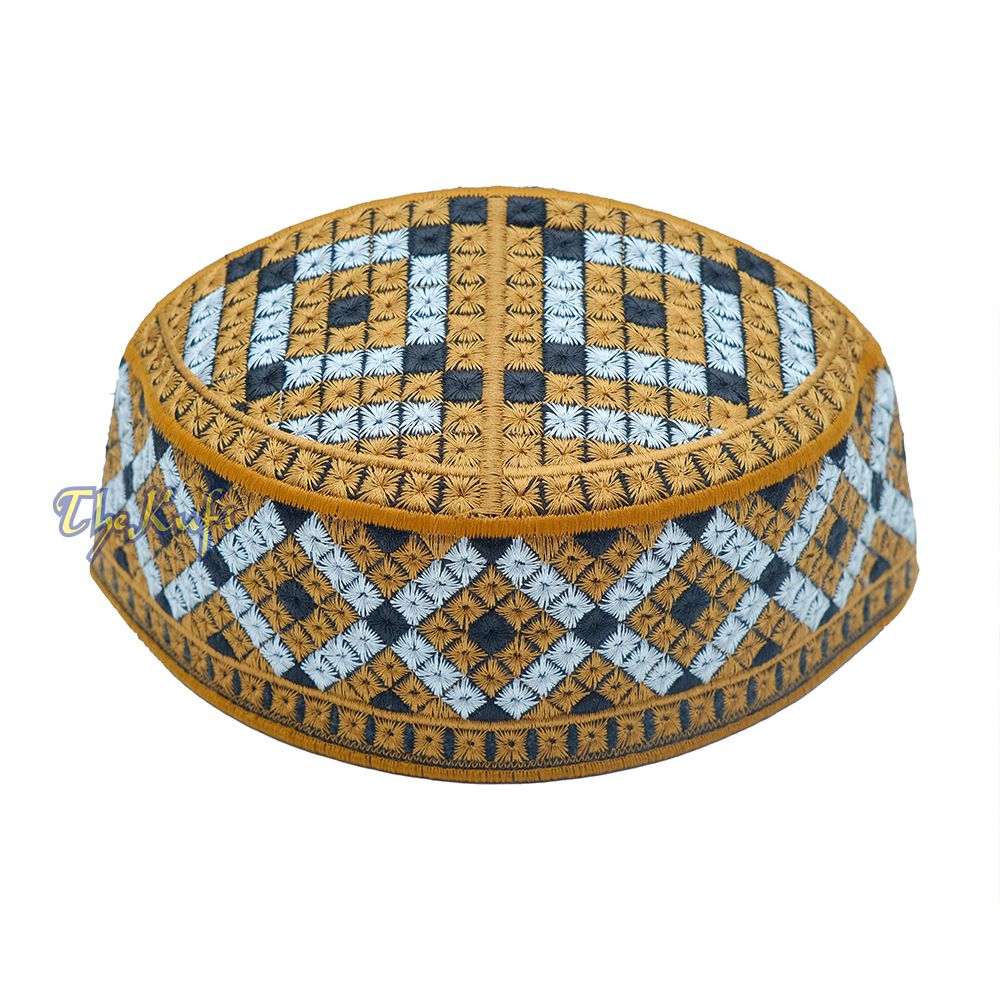 Pakistani-Style Kufi Hat | Rust Brown, Silver, Black Diamond Motif Embroidered Rigid Cap