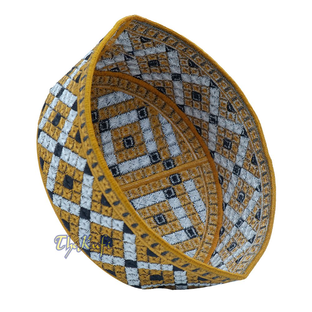 Pakistani-Style Kufi Hat | Rust Brown, Silver, Black Diamond Motif Embroidered Rigid Cap