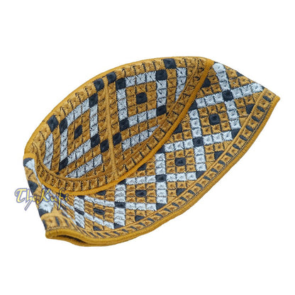 Pakistani-Style Kufi Hat | Rust Brown, Silver, Black Diamond Motif Embroidered Rigid Cap