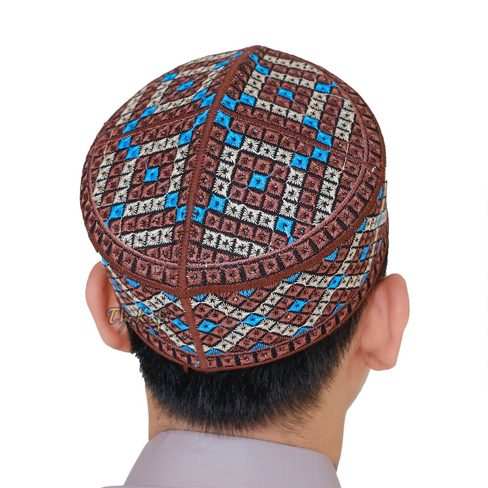 Dark Brown, Turquoise, Cream Diamond Intricately Embroidered Design Pakistan Kufi