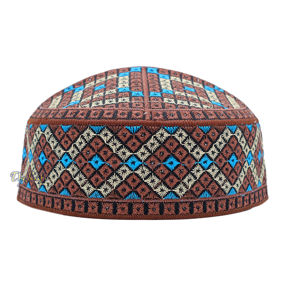 Dark Brown, Turquoise, Cream Diamond Intricately Embroidered Design Pakistan Kufi