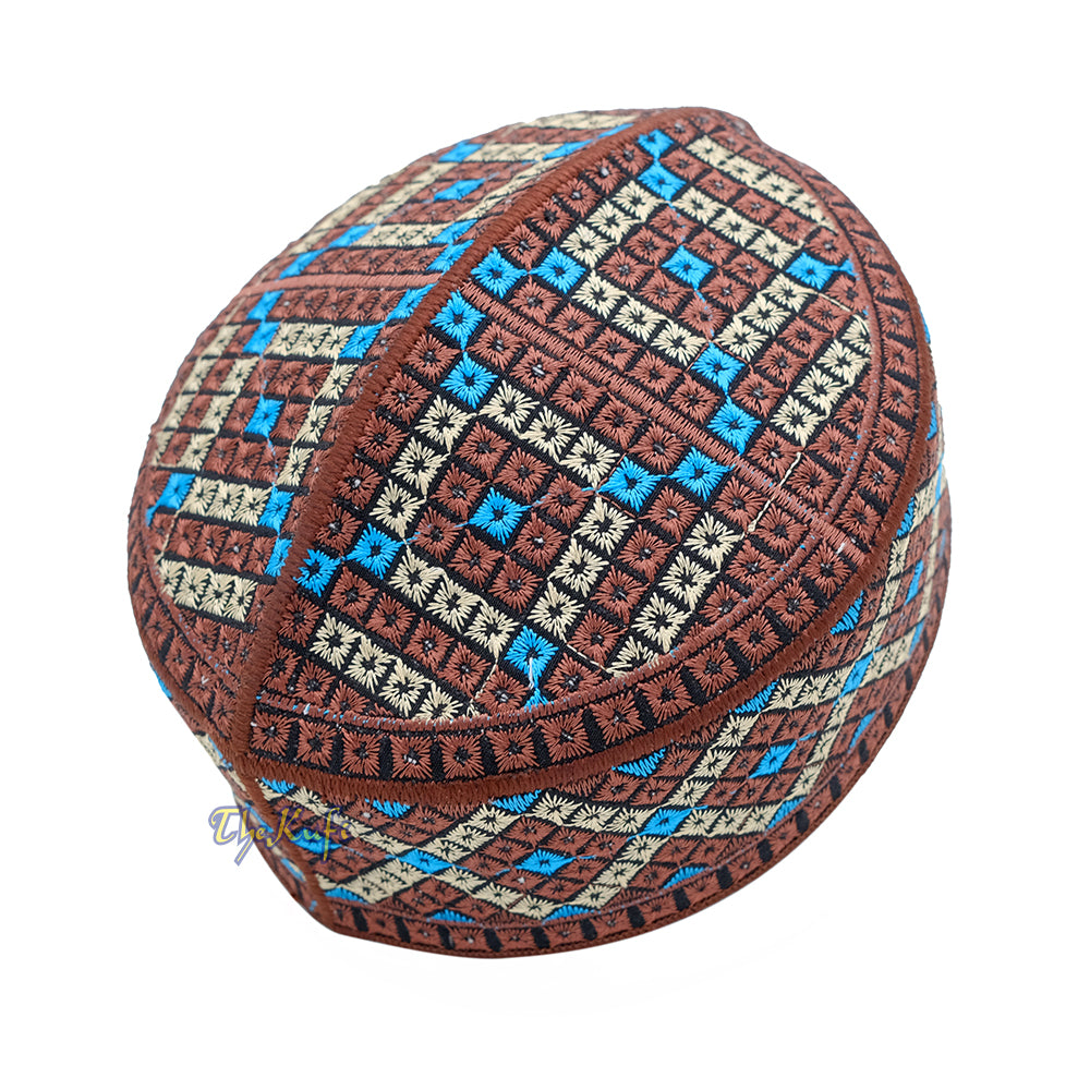 Dark Brown, Turquoise, Cream Diamond Intricately Embroidered Design Pakistan Kufi