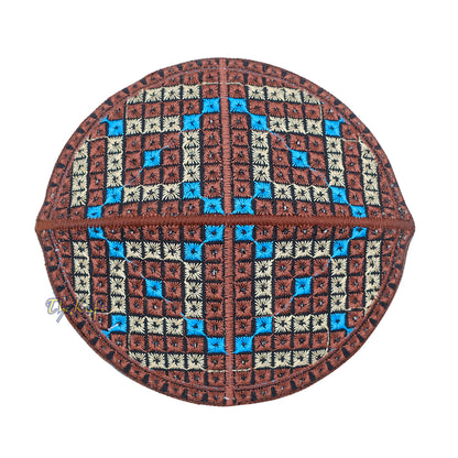 Dark Brown, Turquoise, Cream Diamond Intricately Embroidered Design Pakistan Kufi