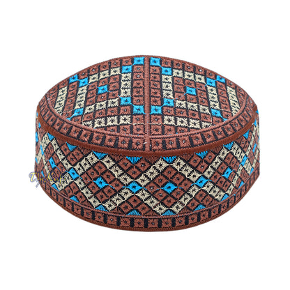 Dark Brown, Turquoise, Cream Diamond Intricately Embroidered Design Pakistan Kufi