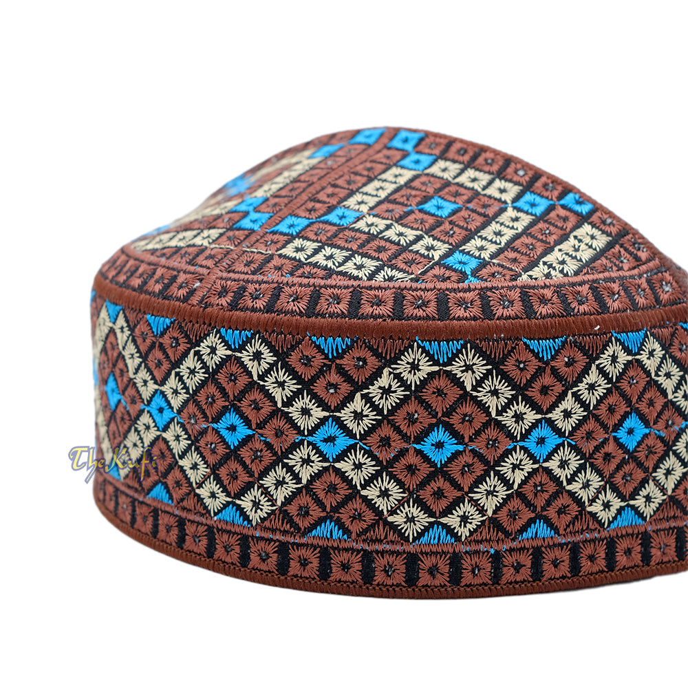 Dark Brown, Turquoise, Cream Diamond Intricately Embroidered Design Pakistan Kufi