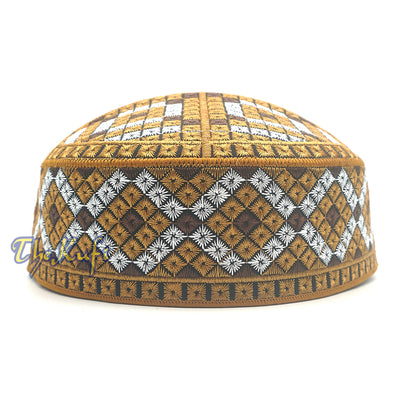 Rust Brown, Silver, Dark Brown Intricately Embroidered Rigid Round Pakistani-Style Kufi Hat