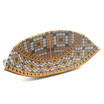 Rust Brown, Silver, Dark Brown Intricately Embroidered Rigid Round Pakistani-Style Kufi Hat