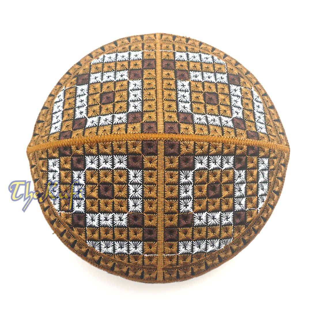 Rust Brown, Silver, Dark Brown Intricately Embroidered Rigid Round Pakistani-style Kufi Hat