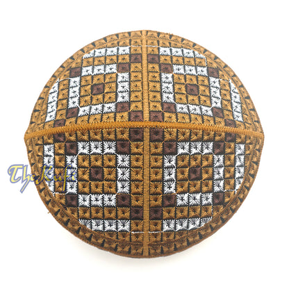 Rust Brown, Silver, Dark Brown Intricately Embroidered Rigid Round Pakistani-Style Kufi Hat