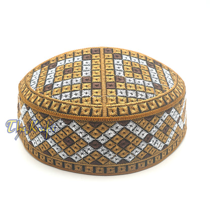 Rust Brown, Silver, Dark Brown Intricately Embroidered Rigid Round Pakistani-Style Kufi Hat