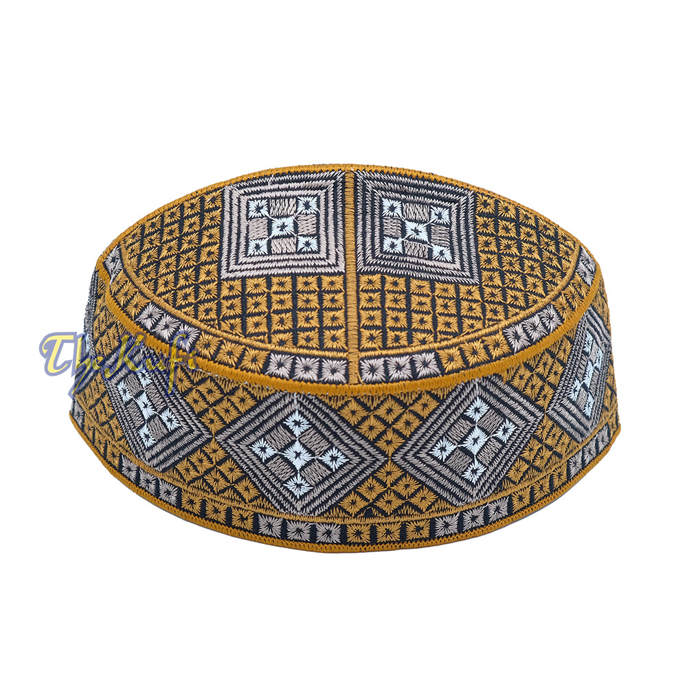 Rust Brown Light Brown White Diamond Intricately Embroidered Design Pakistan Kufi