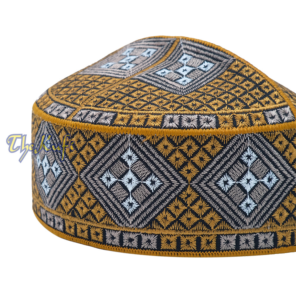 Rust Brown Light Brown White Diamond Intricately Embroidered Design Pakistan Kufi