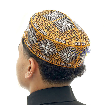 Rust Brown Light Brown White Diamond Intricately Embroidered Design Pakistan Kufi