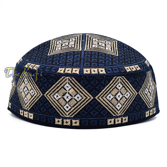 Dark Navy Blue Beige White Diamond Intricately Embroidered Design Pakistan Kufi